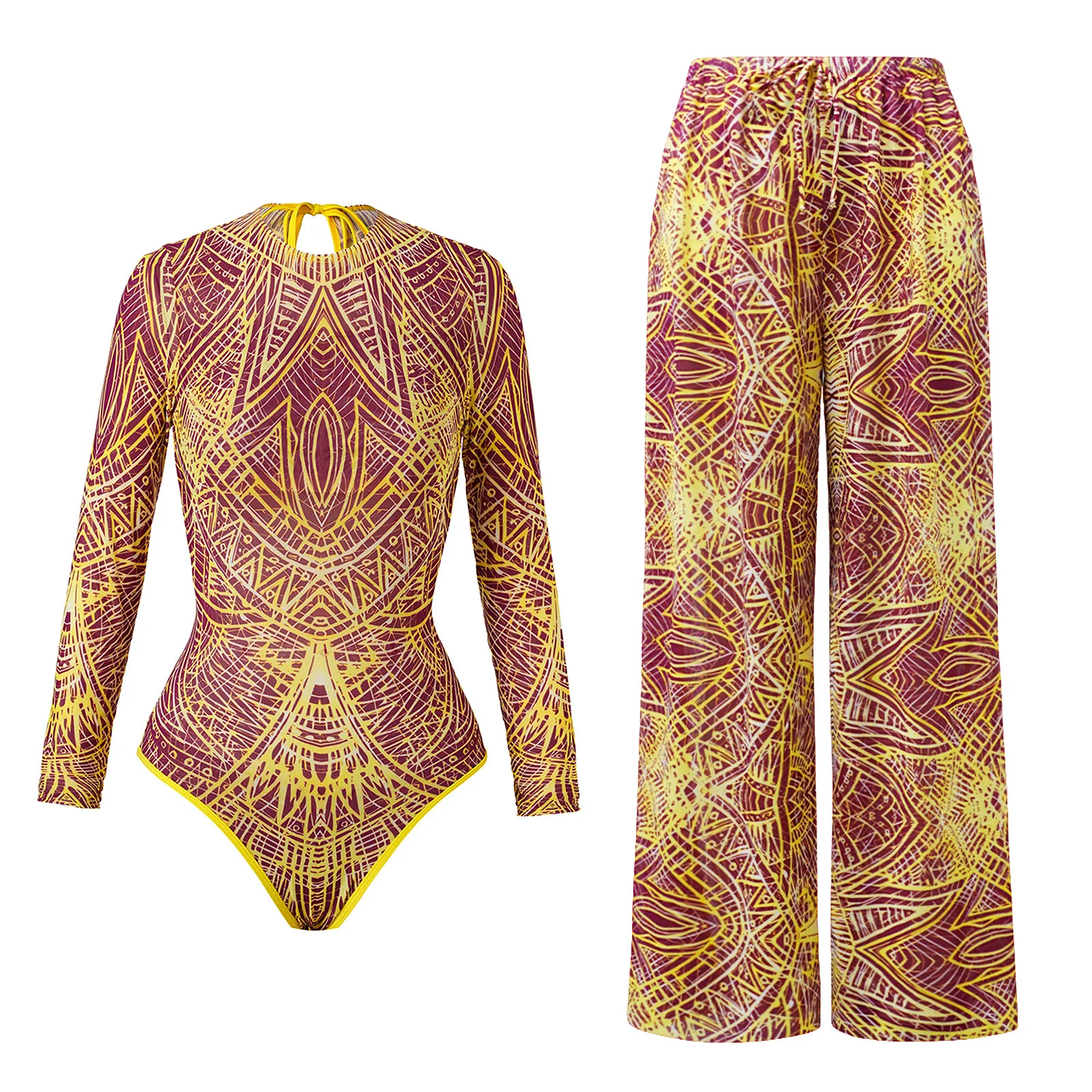 

Retro Long Sleeve Swimwear Body Suit One Piece Swimsuit with Pants Women 2025 Solid Sexy High Cut Bathing Suit Women Monokini