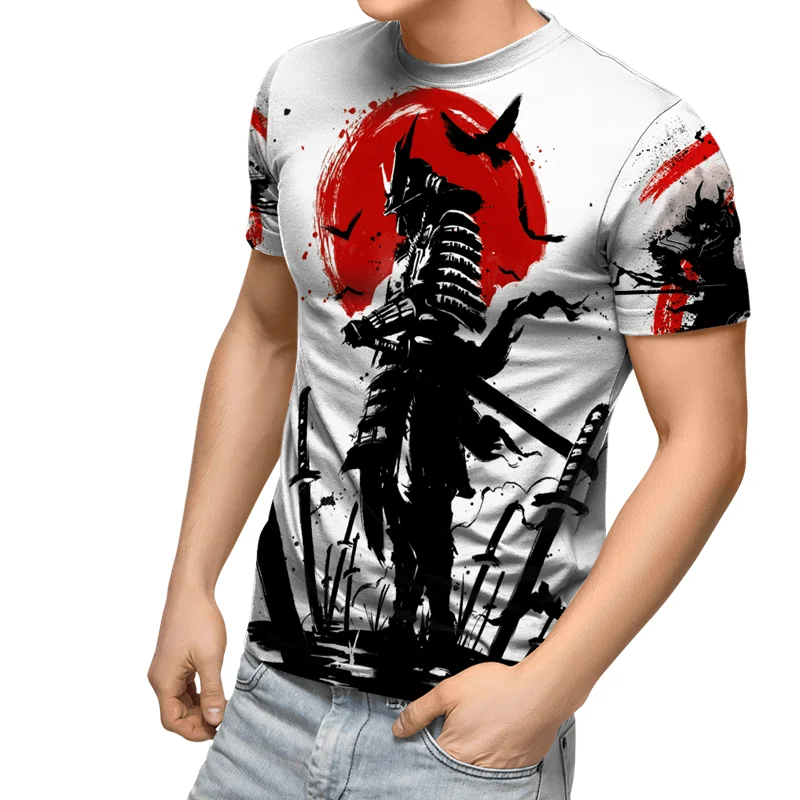 2023 Summer Vintage Japanese Samurai T Shirt Men Cotton Casual Short Sleeve Tops O-Neck Oversized Men\'s Clothing Punk Streetwear