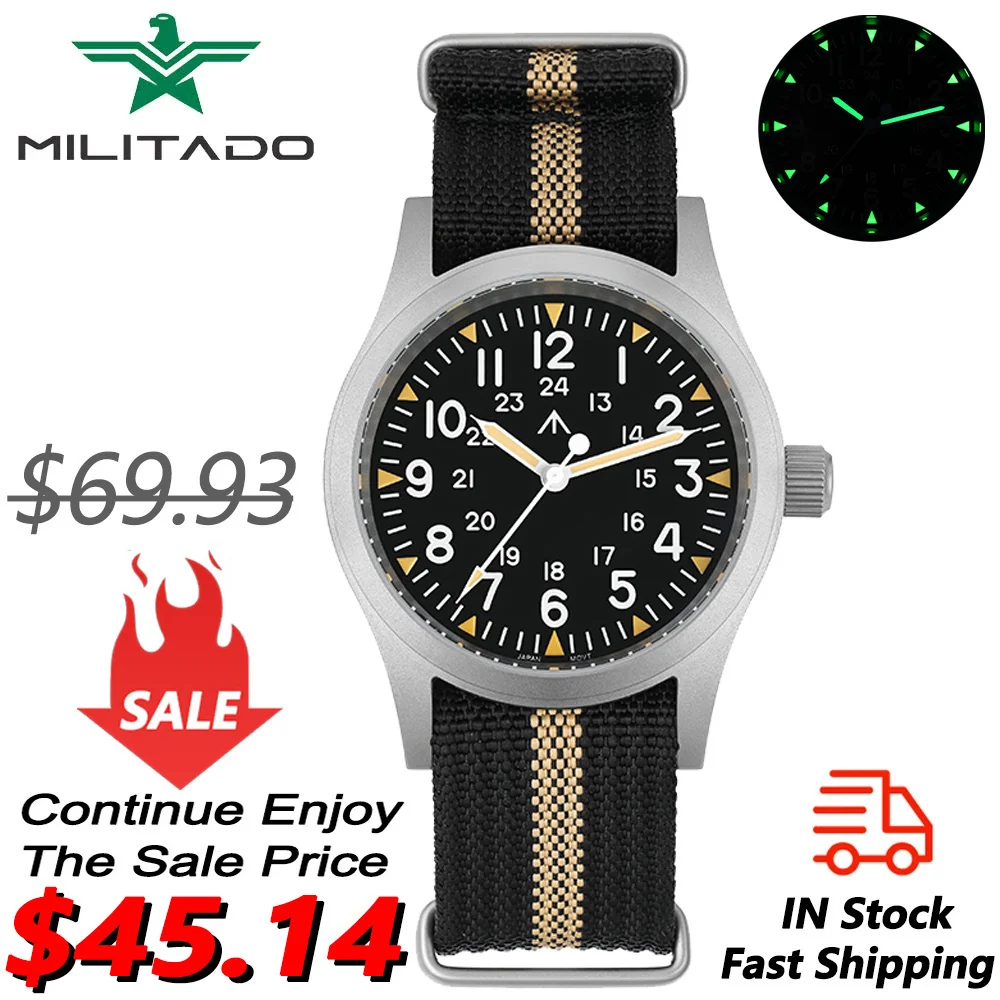 Militado ML05 밀리터리 워치, VH31 쿼츠 무브먼트 돔 사파이어 크리스탈 손목시계, 고 투명 AR 코팅, 38mm 빈티지 시계 