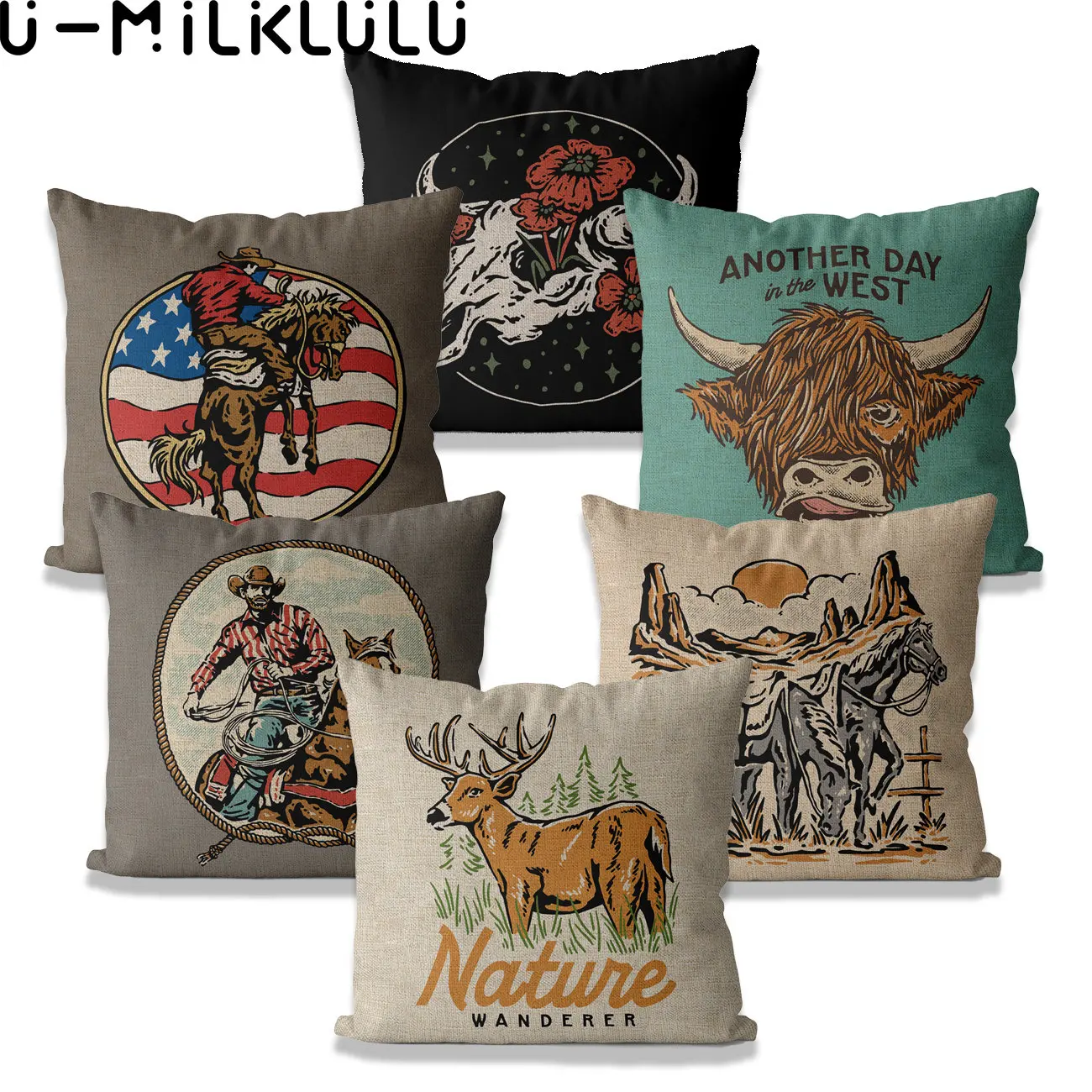 Western Cowboy Animal Pillow Covers Decorative Pillow Case Nature Wanderer American Retro Cushion Cover 45x45 40x40 Living Room