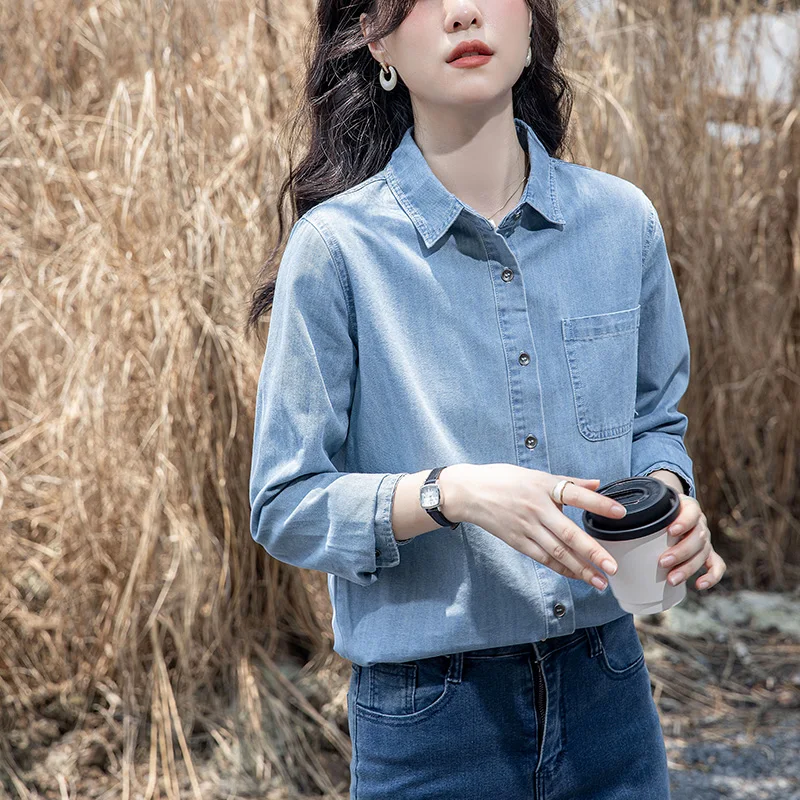 Light Blue Denim Shirt Women Long Sleeve Vintage Office Jeans Shirts Womens Tops And Blouses