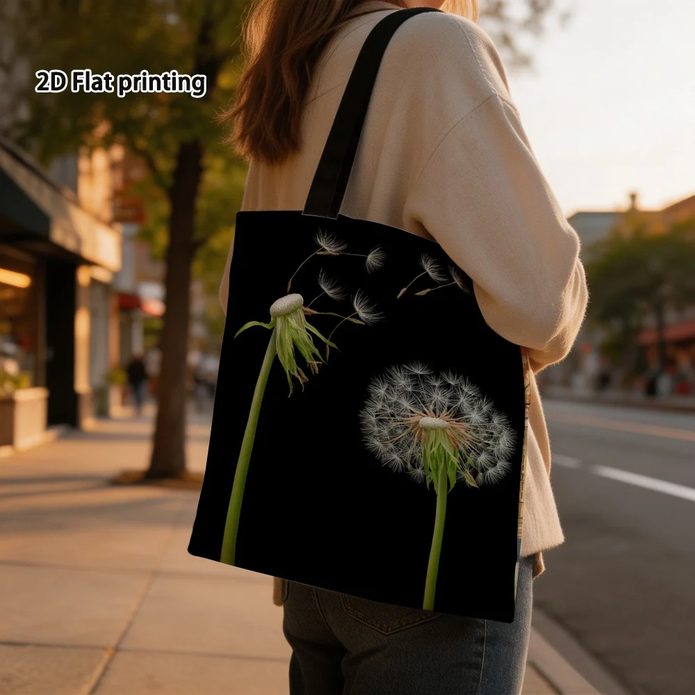 1pc 2D Flat Printed Dandelion Seeds Floating Design Tote Bag, Reusable Grocery Bags with Large Capacity Shoulder Bag