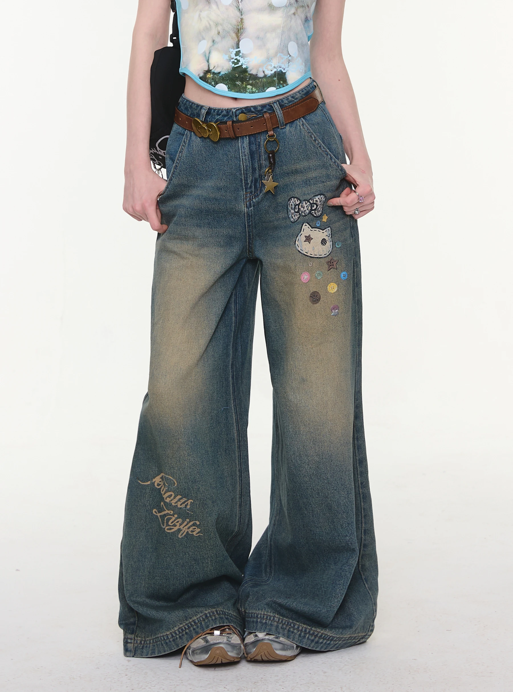 

ZiziFei High Waist Straight Leg Wide Leg Jeans Women's Retro American Sle Newspaper Print Slimming Denim Pants