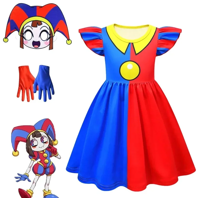 Nieuwe Geweldige Digitale Eenhoorn Pomni Kids Cosplay Kostuum Meisjes Prinses Jurk Masker Handschoenen Kinderen Halloween Cartoon Zomer Jurk