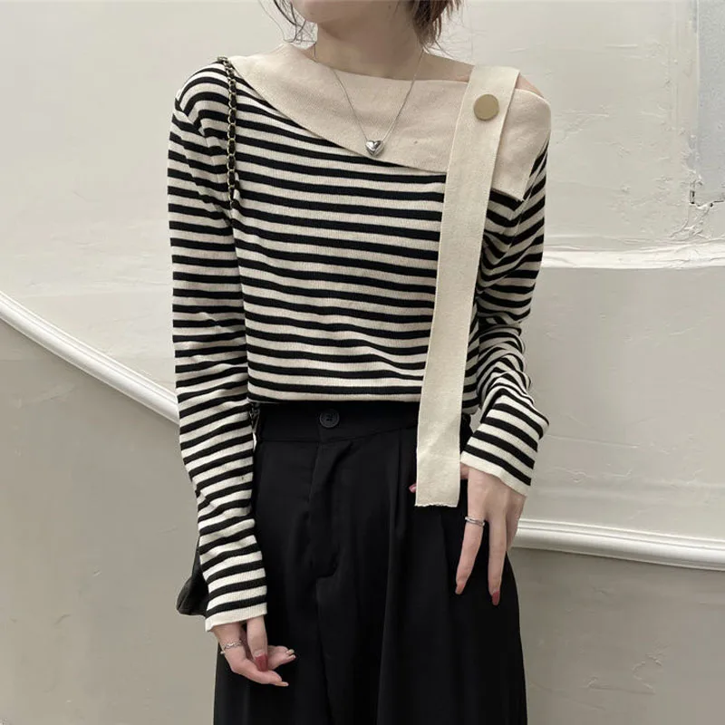 Casual Korean Irregular Off Shoulder Knitted Tops Autumn Winter Fashion All-match Long Sleeve Striped T-shirt Women's Clothing