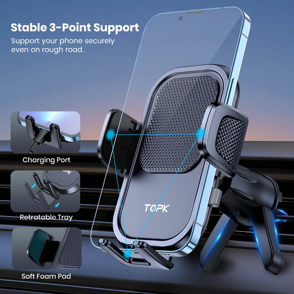 TOPK Car Phone Holder Mount for Cell Phones Upgraded Metal Hook Design,Hands-Free Holder for All Phones,Adjustable & Secure Fit
