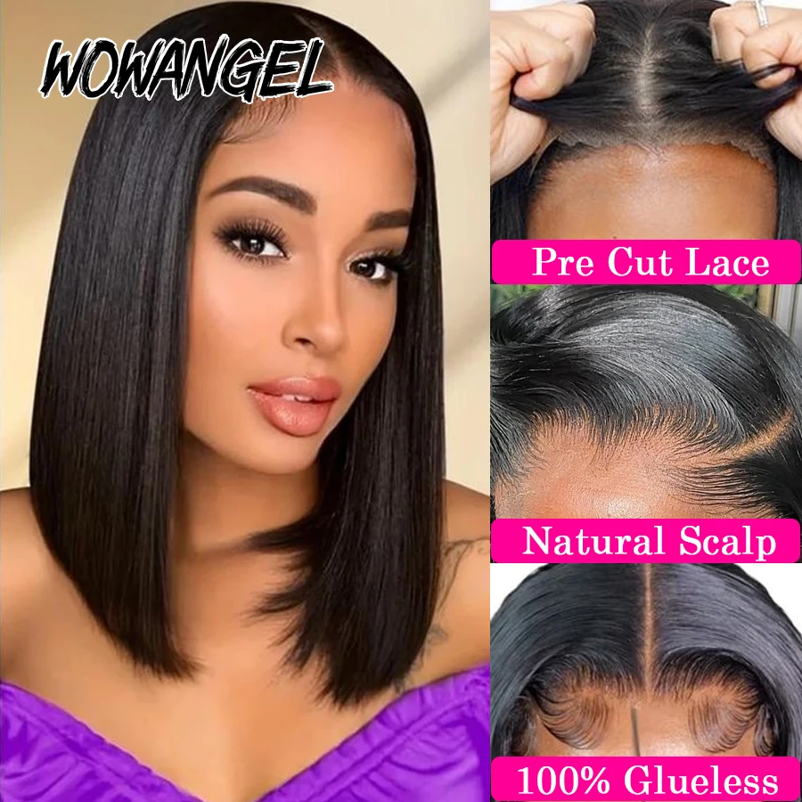 WOWANGEL Pre Cut 9x6 HD Lace Closure Wig Straight Bob Wig Wear To Go Glueless Wigs Human Hair Skins Melted Remy Brazilian Hair