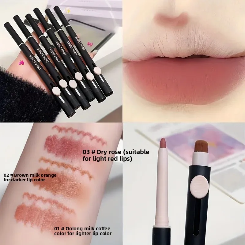 Tapered Tip Lip Liner Pencil with Brush Matte Red Brown Plumping Lip Stain Lasting Waterproof Fine Lipstick Slim Lip Contour