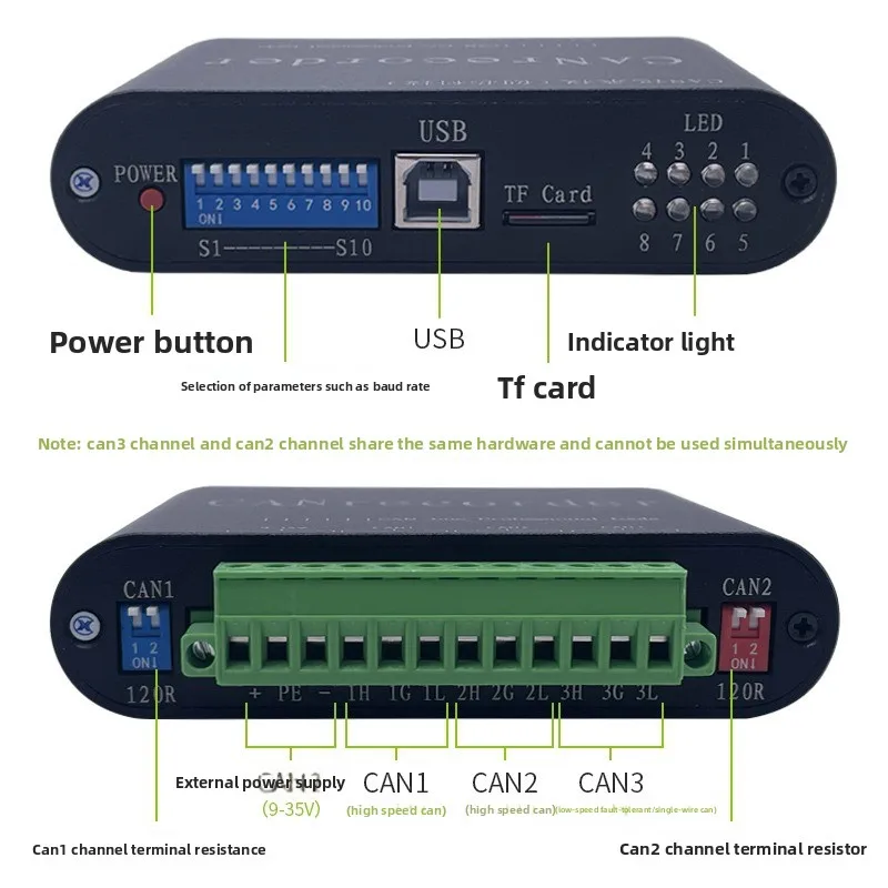 Offline recording, offline playback, relay and real-time storage to TF card for CAN bus data memory CANFD recorder