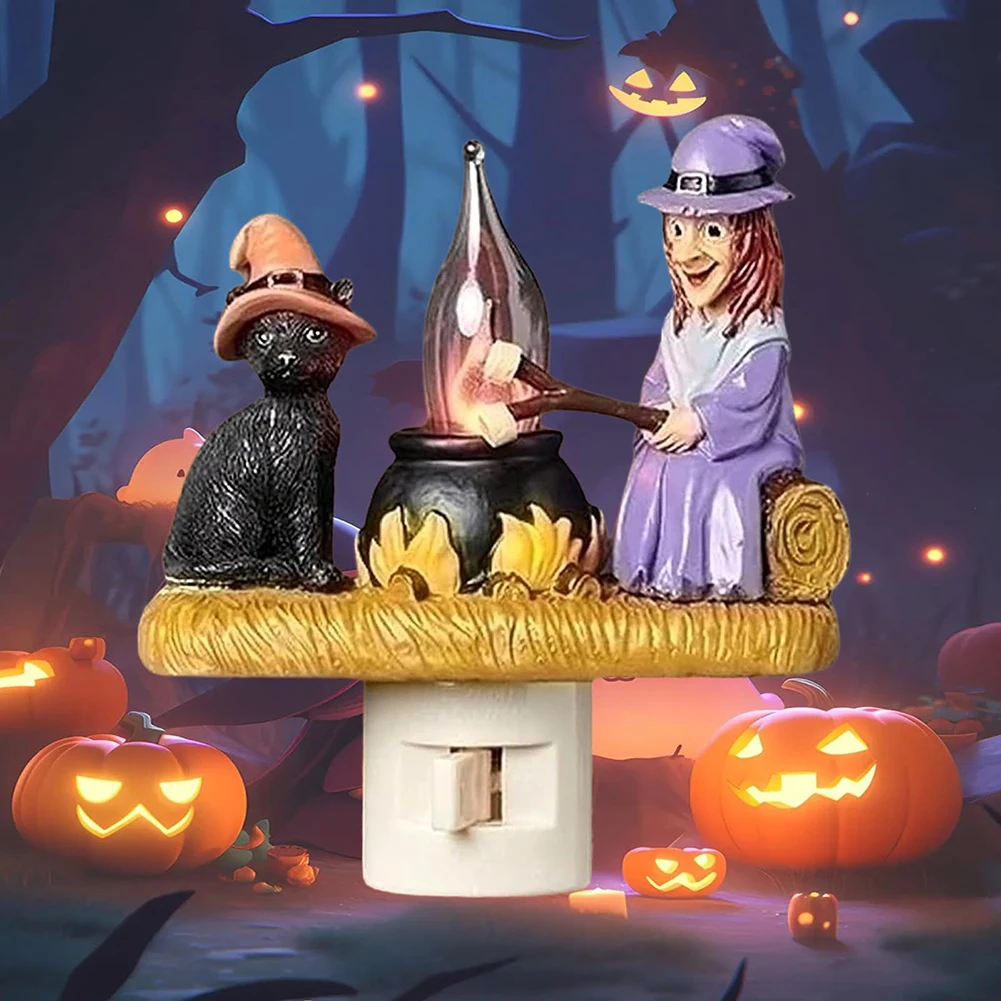 

Halloween Cat Witch Roasting Marshmallows Resin 3D Cat Witch Faux Campfire Flickering LED Lamp Halloween Home Decoration