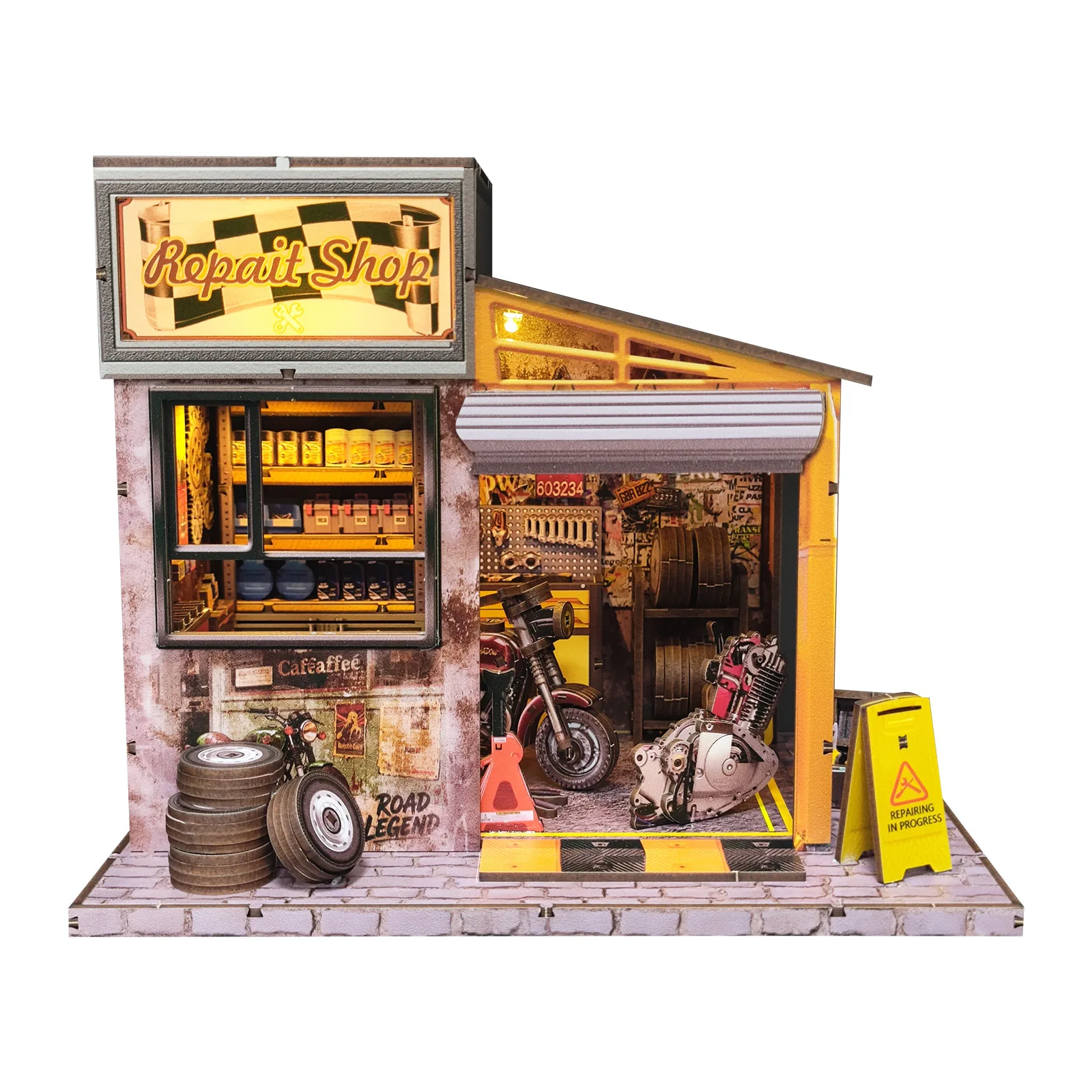 Kits de construção em miniatura de madeira, faça você mesmo, loja de reparos de motocicletas, casas de bonecas com móveis, casas de bonecas para amigos, presentes