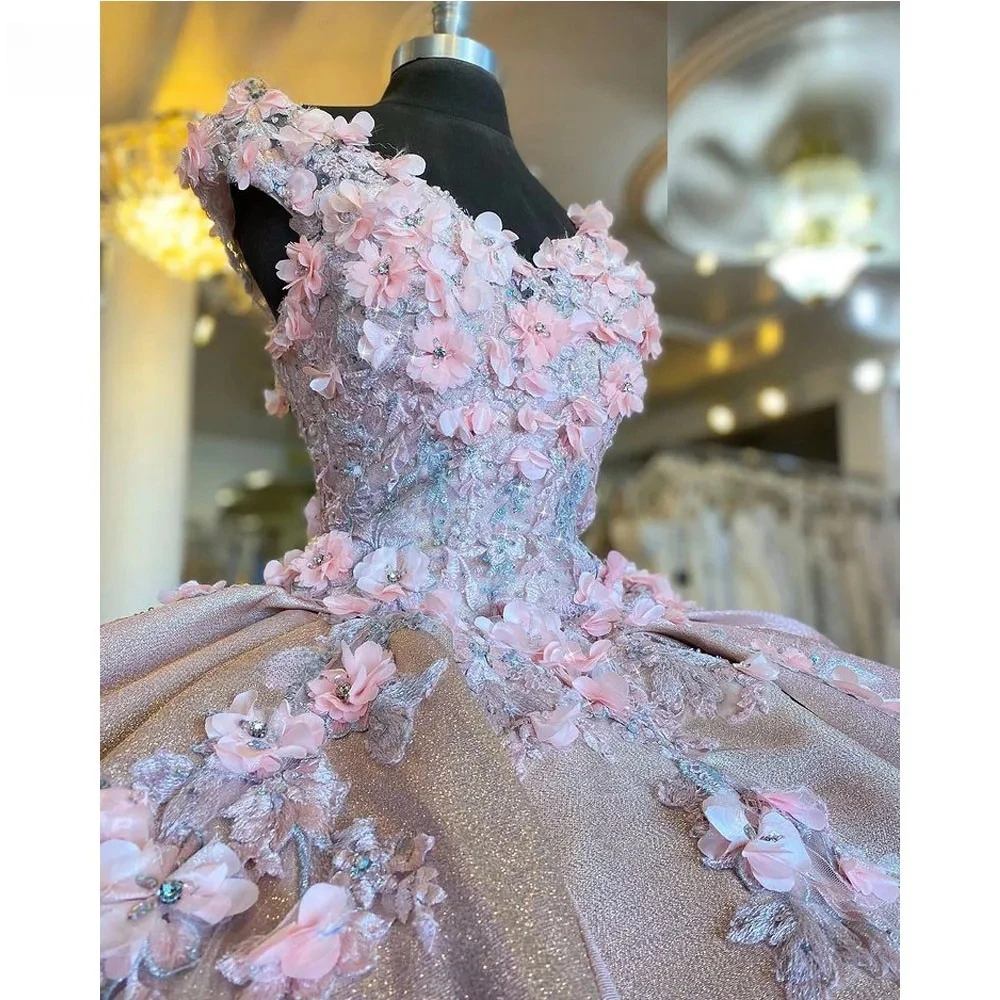 Vestidos de quinceañera rosa, vestido de baile con cuello en V, apliques florales de tul, dulce 16, 15 Años, mexicano