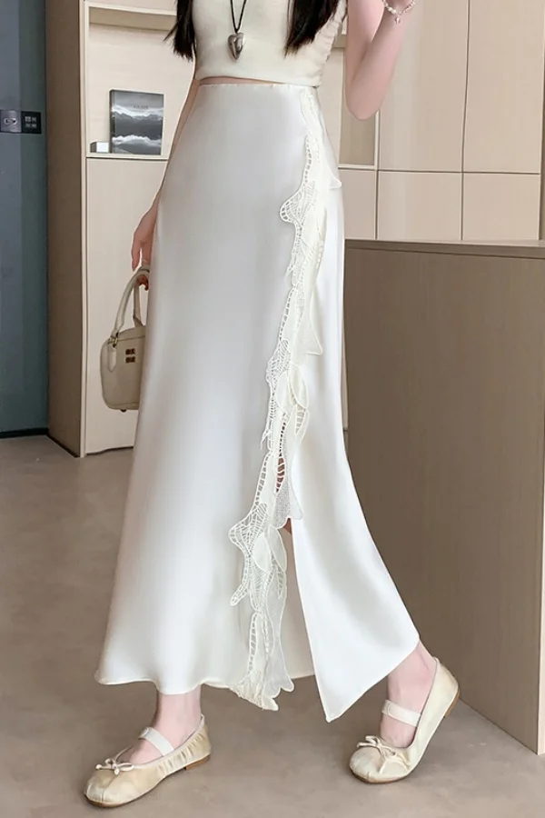 

2025 Silky Satin Midi Skirt for Women Spring Summer Lace Trim High Waist Slim Fit Mermaid Skirt Elegant Fashion Bodycon Skirt