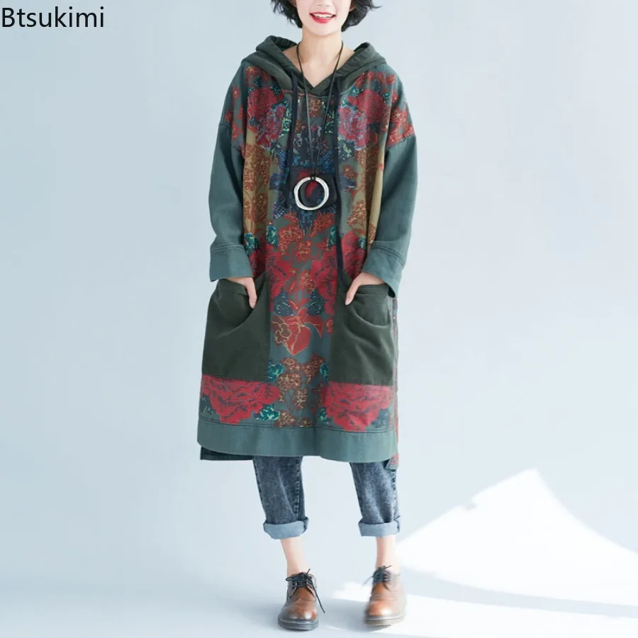 Ethnic Style Women's Mid-length Hoodies Vintage Print Loose Casual Dress Spring Autumn Big Size Women Clothes Hooded Sweatshirts