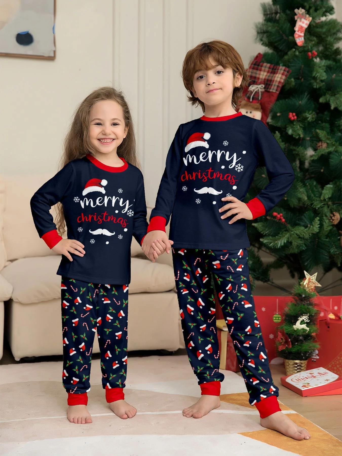 Christmas Family Matching Outfits Mother Father Kids Pajamas Set Santa Hat Print Loose Xmas Sleepwear Baby Romper Dog Clothes