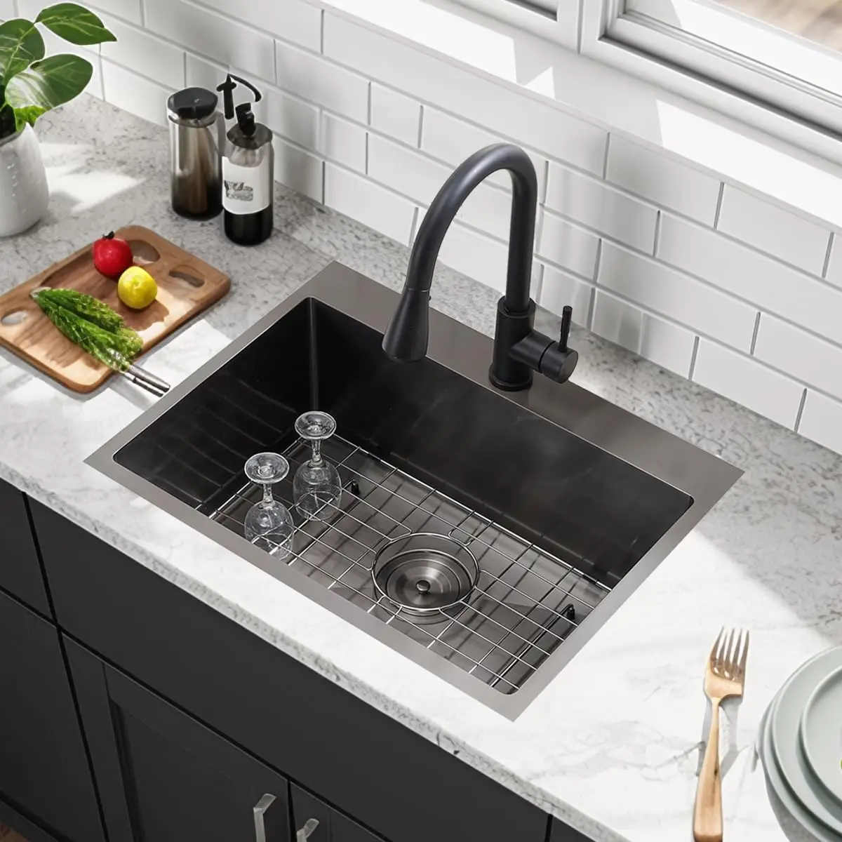 22x18 بوصة جونميتال الأسود قطرة في بالوعة المطبخ 16 مقياس الفولاذ المقاوم للصدأ Topmount لبار المطبخ RV الصغيرة وعاء واحد بالوعة الرطبة