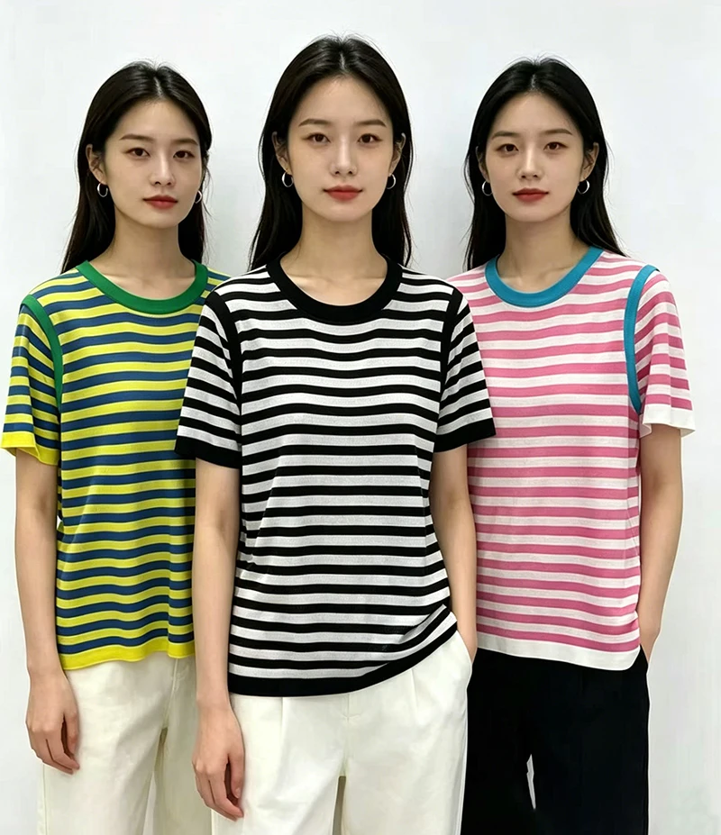 

Women's 2026 Striped Square Neck Short Sleeve Knit Top Summer Slim Fit Cropped Retro Chic Sweet & Spicy Style