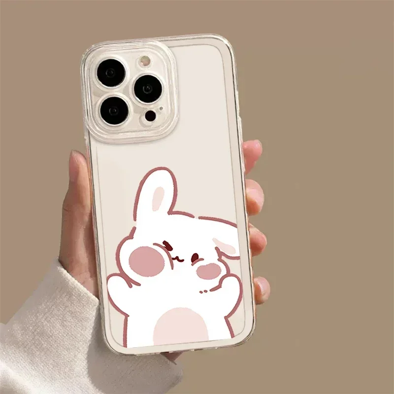 Cartoon Bear Bunny Clear Lovers Couple Phone Case For iPhone 16 15 13 12 11 14 Pro Max Plus 13Mini  SE Paired Cover Shell Fundas