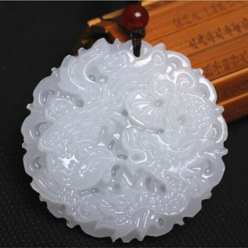 

Chinese White Jade Dragon and Phoenix Jade Pendant Double-sided Hollow Carved Couple Necklace Lucky Amulet Gift for Men Women