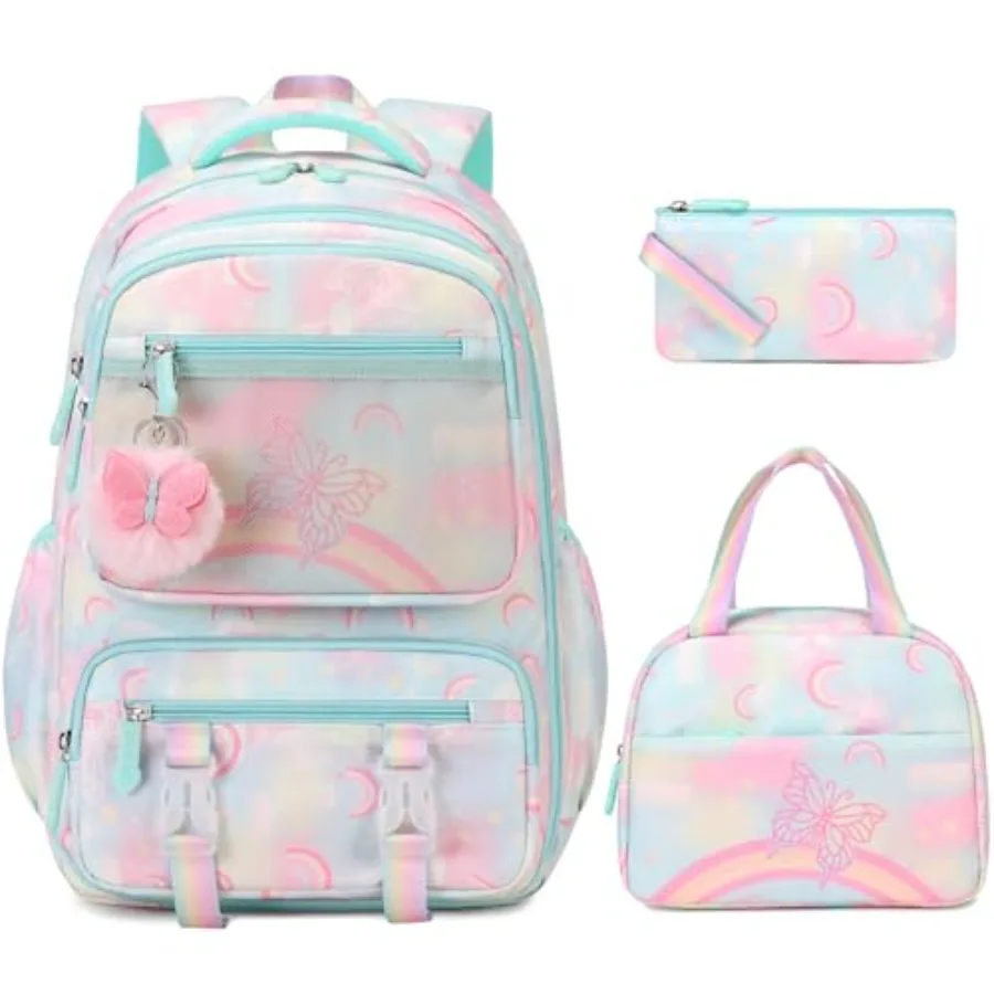 

Backpack for Girls, Rainbow Butterfly Girls Backpacks with Lunch Bag Pencil Case Set, Backpack Kindergarten Elementary Middle S