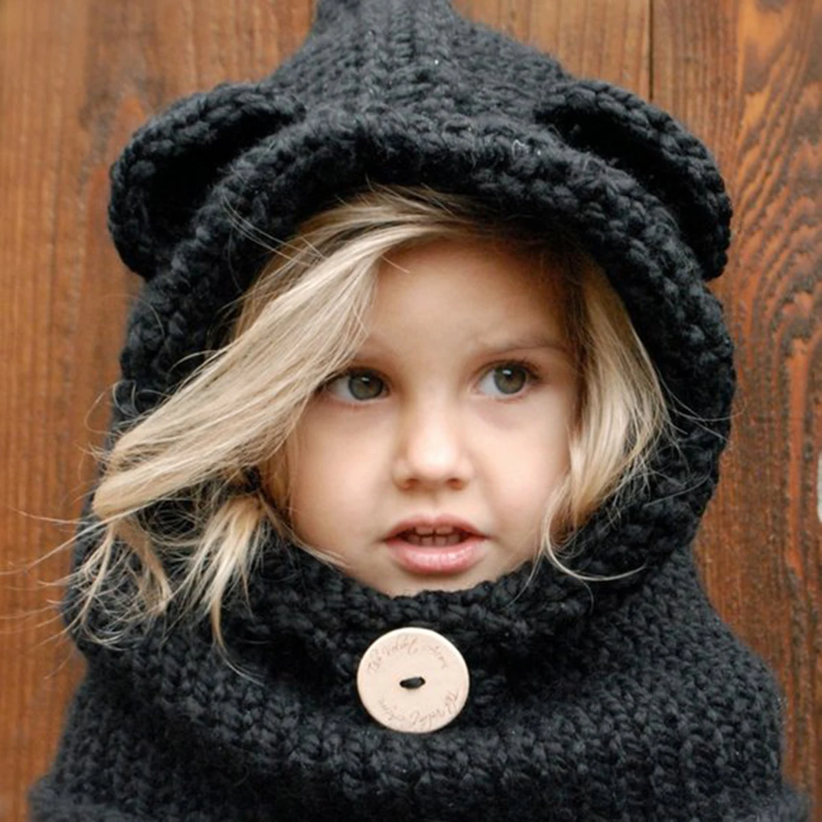 

Cape Hat Kids Winter Bear Design Scarf Shawl Black Knitted Caps Wool Beanie Child Warm Ears Neck Unicorn Style Fashion