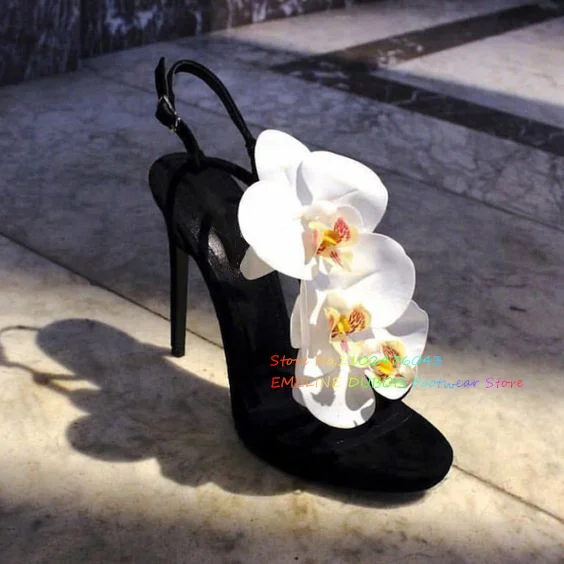 Purple Flower Decoration High Heel Sandals Round Peep Toe Ankle Strap Stiletto Heel Comfort Runway Shoes Ladies Dress Sandals