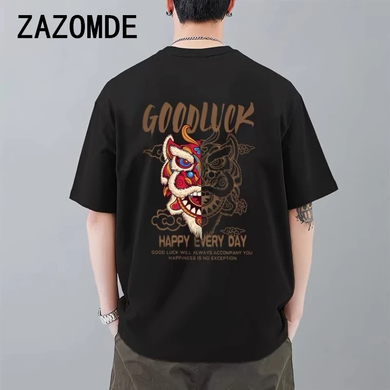 ZAZOMDE Men T-Shirt Chinese Lion Print Fashion Male Clothing Loose Tshirts Men Oversized Tees Street Harajuku Short Sleeve Tops