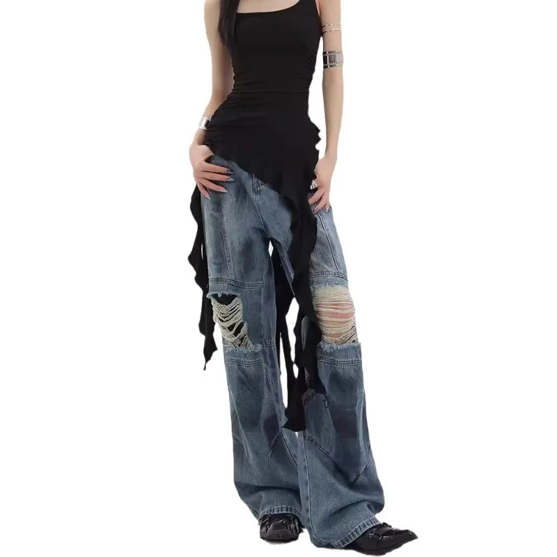 America Retro Ripped Jeans for Women Vintage Wasteland Denim Jeans Men Gothic Baggy Pants Y2K Women Clothing Unisex