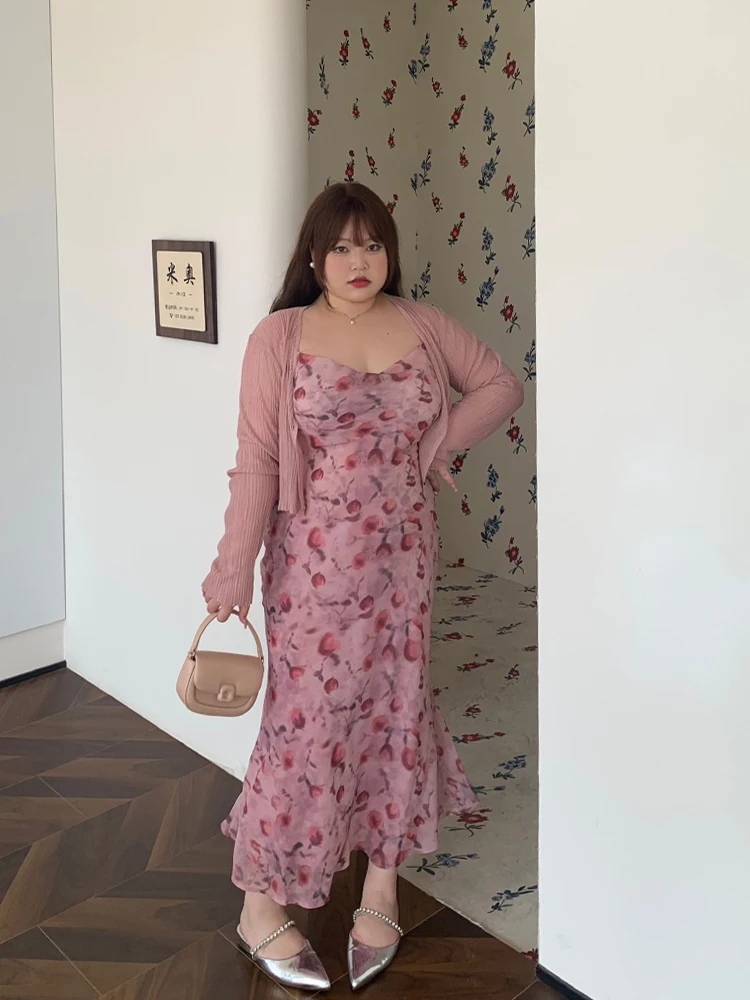 

Silk Knitted Open Cardigan Floral Print Long Dr Ele Strapl Gown Soft Candy Two-Piece Set Summer Collection Women's ...