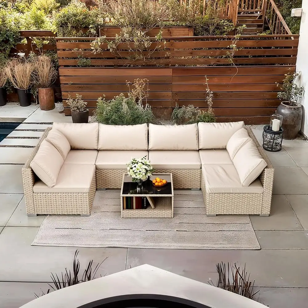 

Beige 7-Piece Outdoor Wicker Patio Sectional Sofa Set with Thick Cushions and Coffee Table