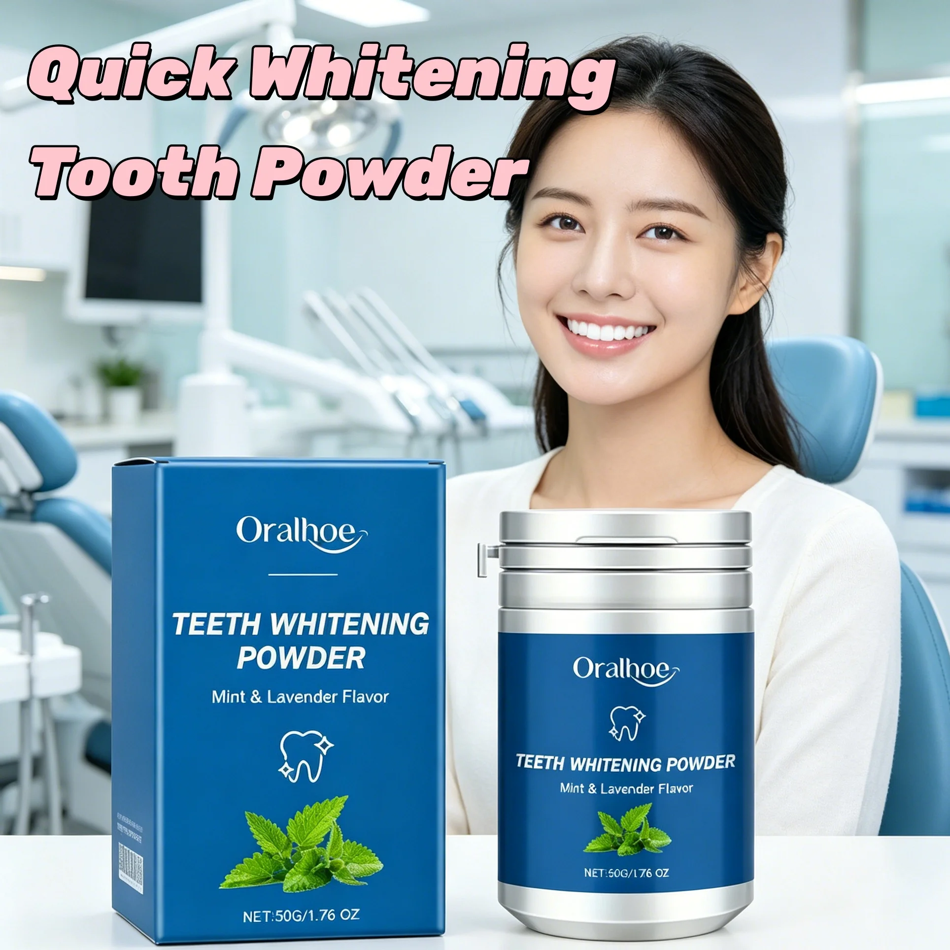 ORALHOE Poudre blanchissante pour les dents à l'essence de perle, blanchiment rapide des dents jaunes, élimine la plaque dentaire, mauvaise haleine, saveur menthe, nettoyage buccal