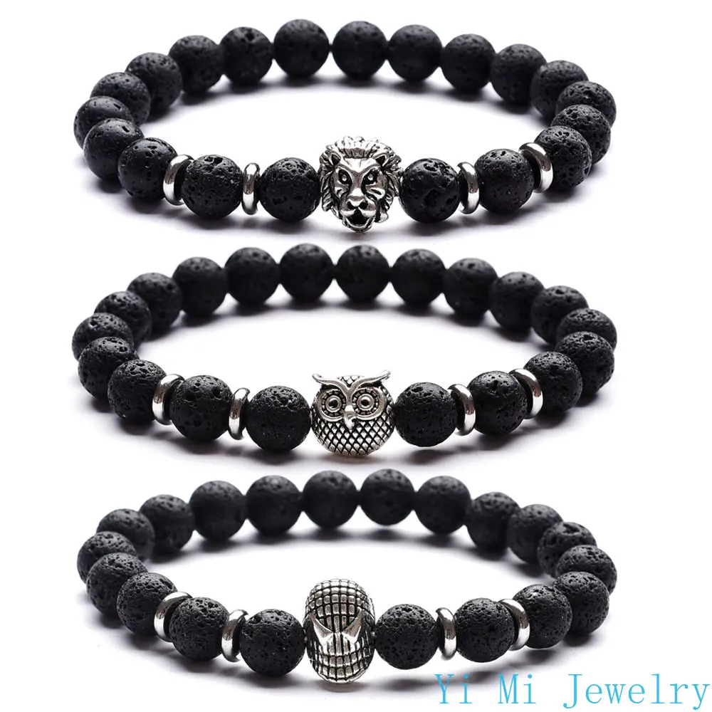 8mm Natural Volcano Stone Leopard Head Bracelet Essential Oil Aromatherapy Helmet Bracelet for Men and Women Couple Jewelry