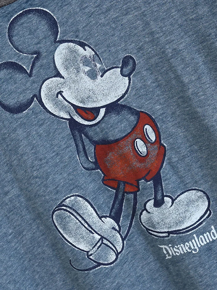 Disney Vintage Mickey Mouse Cartoon Print Distressed Water Washing T-Shirt Women O-Neck Short Sleeve Tee Tops 2 Colors Female