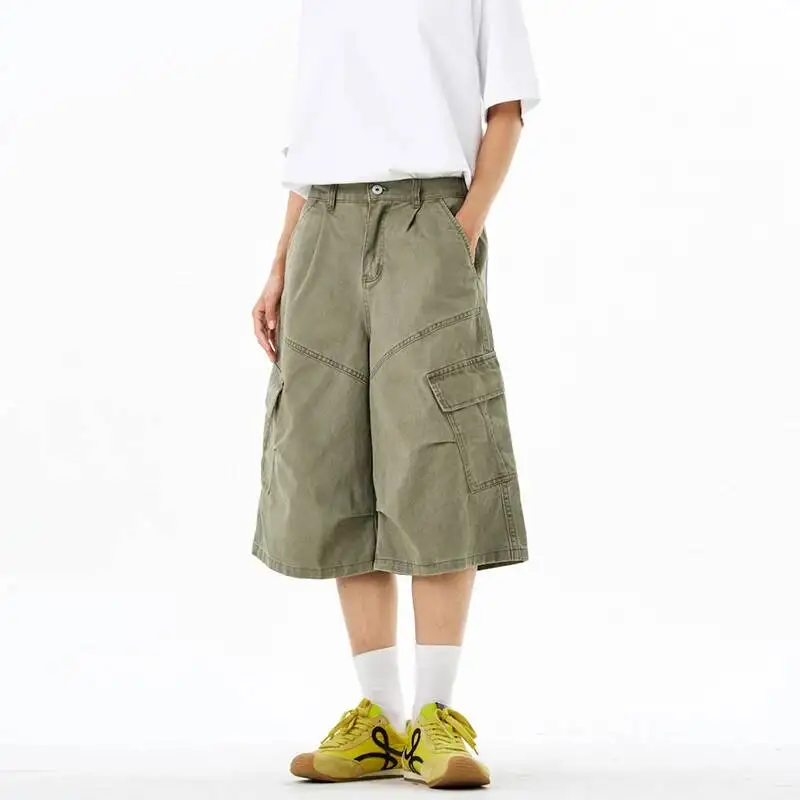 American Vintage Navy Blue Men's Cargo Shorts Multipocket Straight Loose Fit Wide Leg Knee Length Pants Coton 8CQG