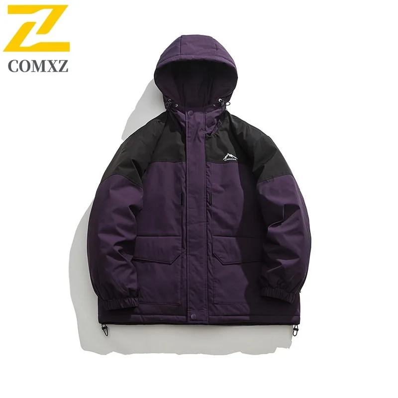 COMXZ Men Cotton Coat Winter Thick Cold Proof Quilted Outdoor Windproof Windbreaker American Streetwear Workwear Padded Jacket