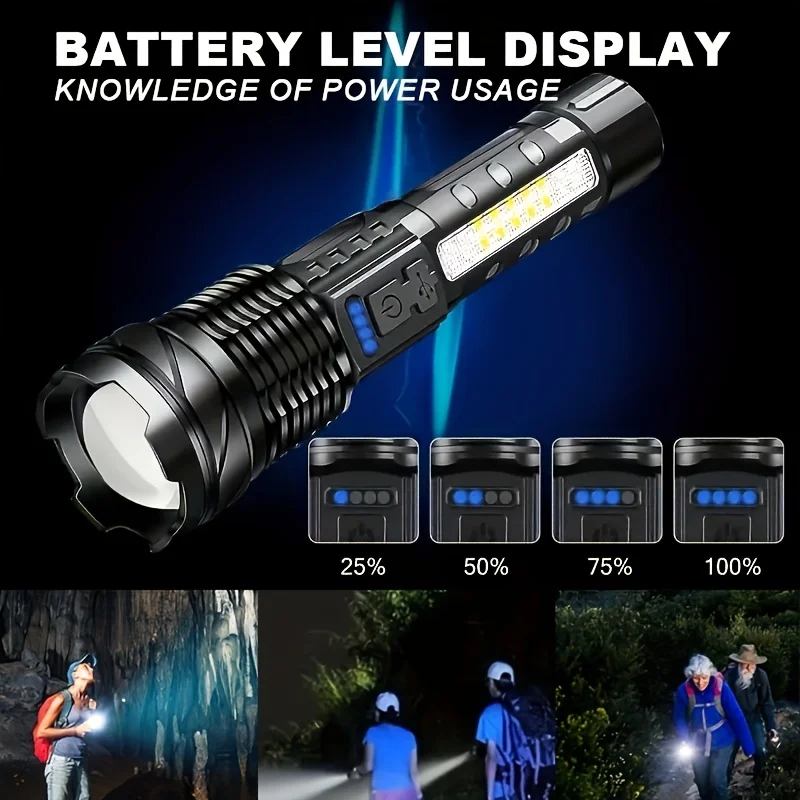 

High Strong Power Led Flashlights Tactical Emergency Spotlights Telescopic Zoom Built-in Battery USB Rechargeable Camping Torch
