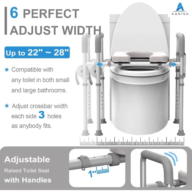 Agrish Raised Toilet Seat with Handles - Cozy Padded Elevated Medical Toilet Seat Risers for Seniors, 350lb Adjustable Handicap