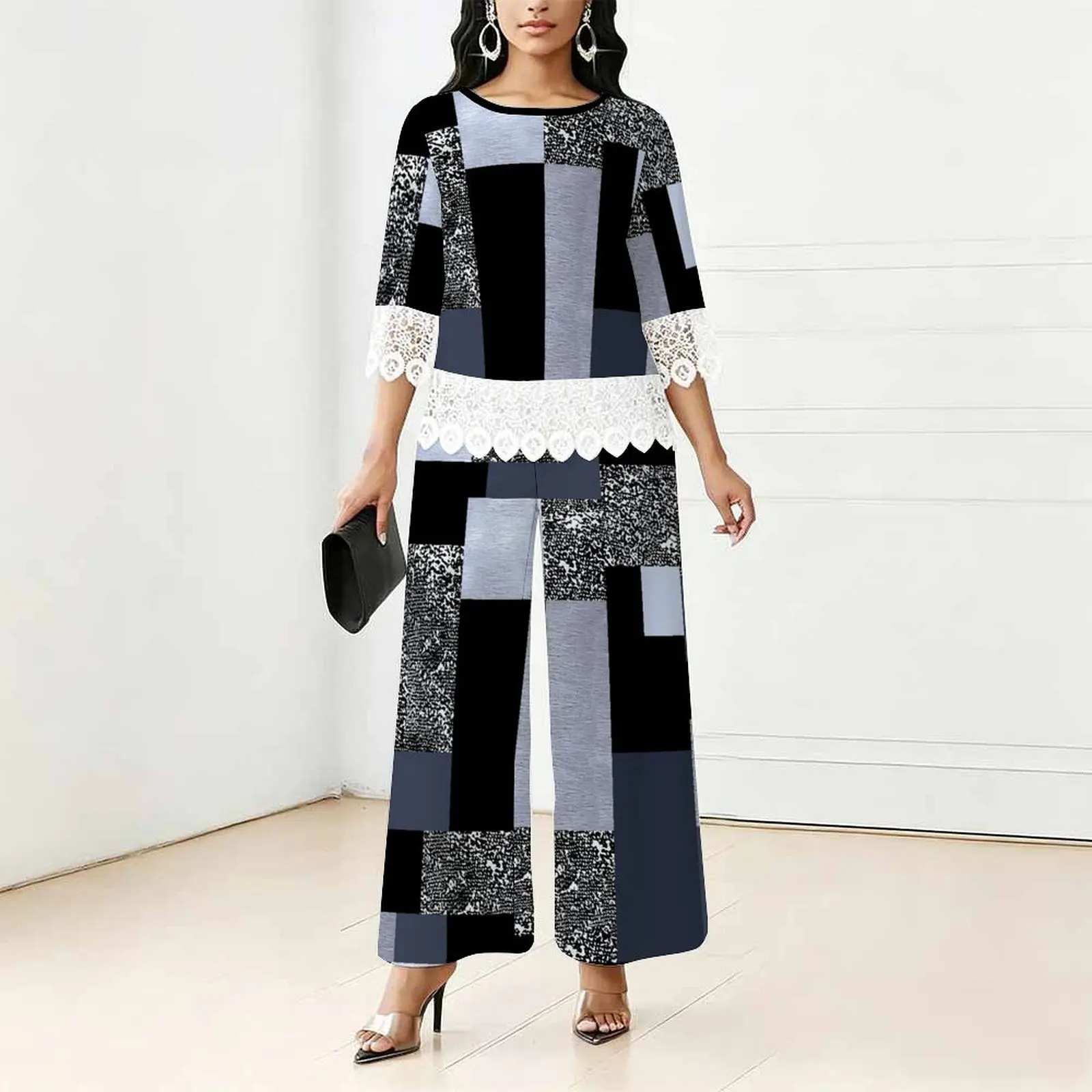 

Women Spring/summer Fashion Print Two Piece Set Round Neck Sexy Lace T-shirt Casual Vacation Long Pants