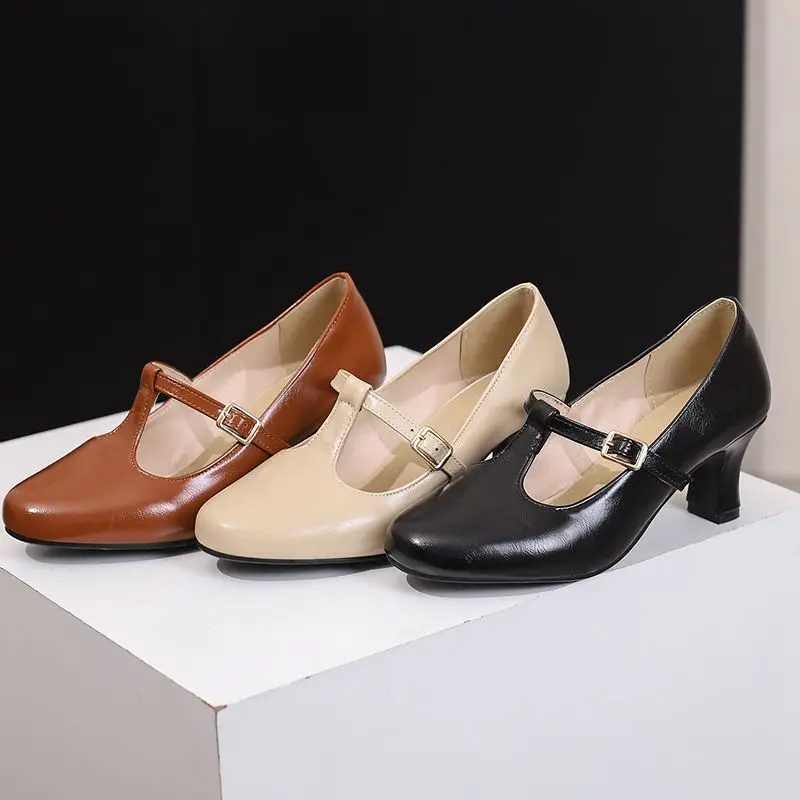 Girseaby Brand Women T-strap Pumps Round Toe High Heels 6cm Plus Size 46 47 48 Casual Daily Office Ladies Shoes Spring