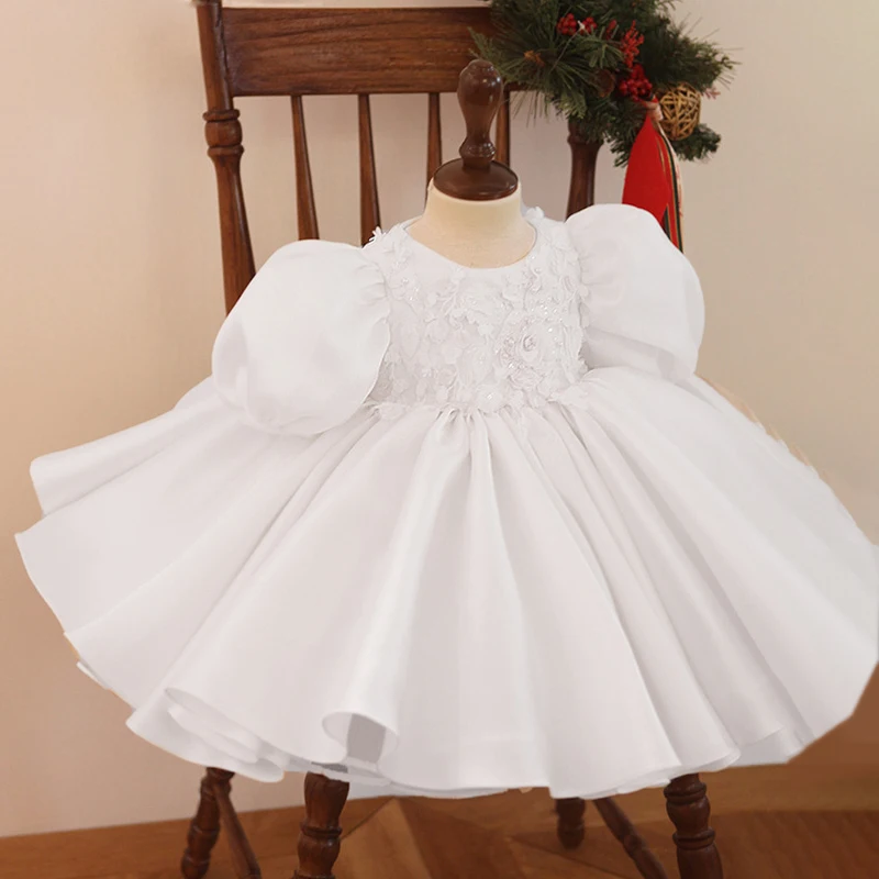 Elegant Baby Girl Flower Dress For Wedding Formal Bow Kids 1st Birthday Party Baptism Princess Dresses Children Puff Sleeve Gown