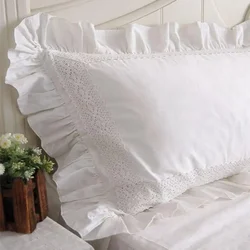 2 pieces White Satin Lace ruffle pillow case European style elegant embroidered pillowcase luxury bedding pillow cover