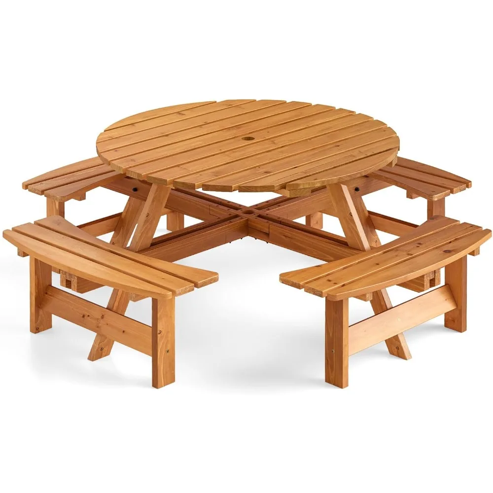 

Деревянный стол для пикника на 8 человек, круглый стол и скамейка для улицы с 4 встроенными скамейками, отверстием для зонта, идеально подходит для улицы