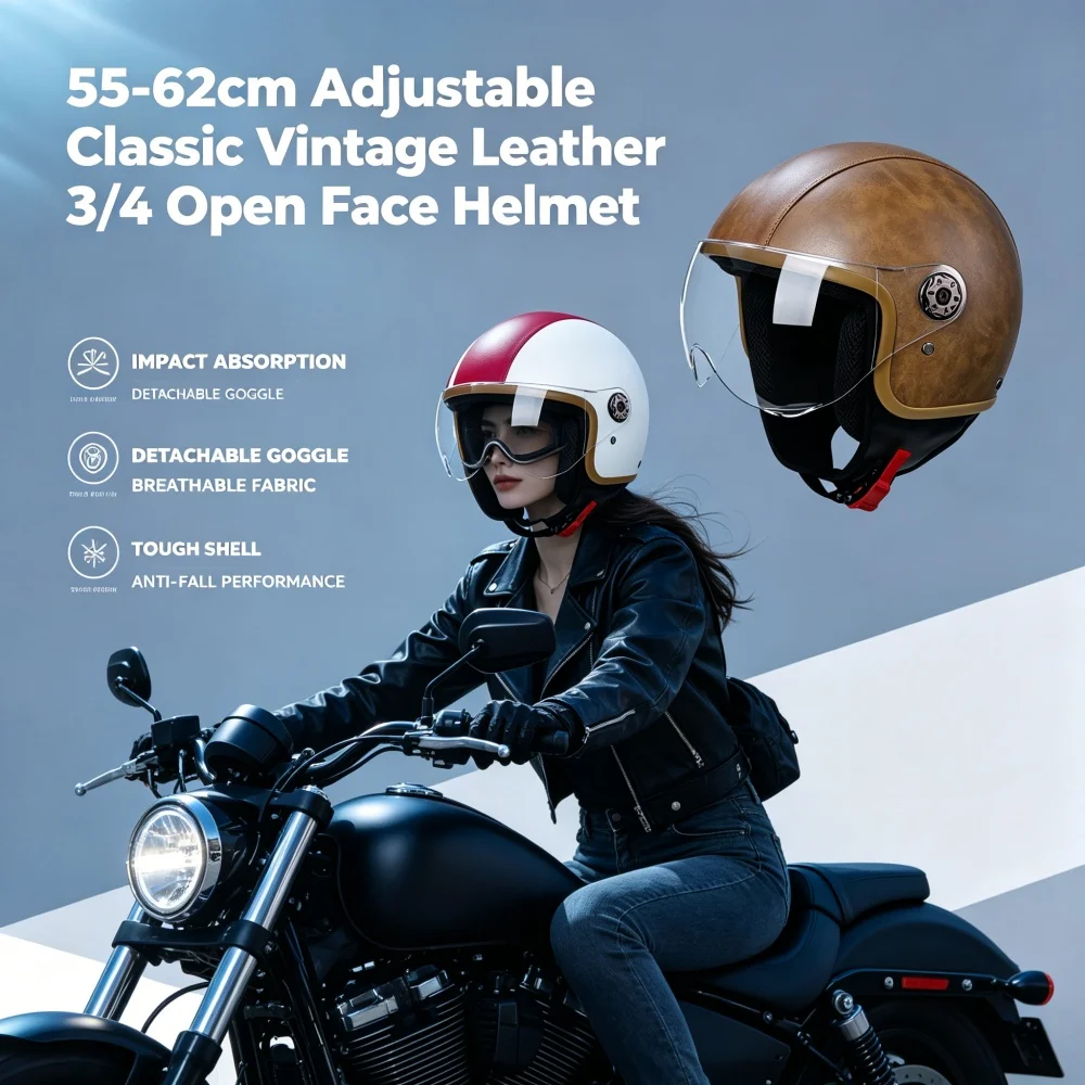 55-62cm Verstellbarer Klassischer Vintage-Leder 3/4 Offener Helm mit Visier, Retro-Stil für Motorrad- und Rollerfahrten