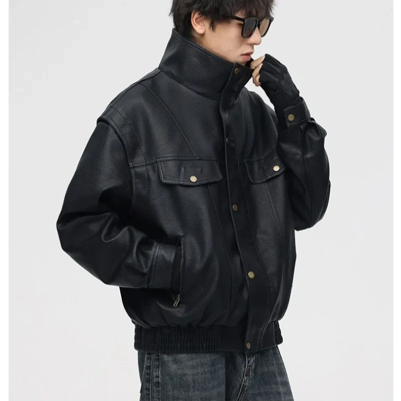 Vintage Bomber Jackets Men Spring Autumn Faux Leather Jackets Streetwear Racing PU Windbreaker for Men Clothes Outerwears