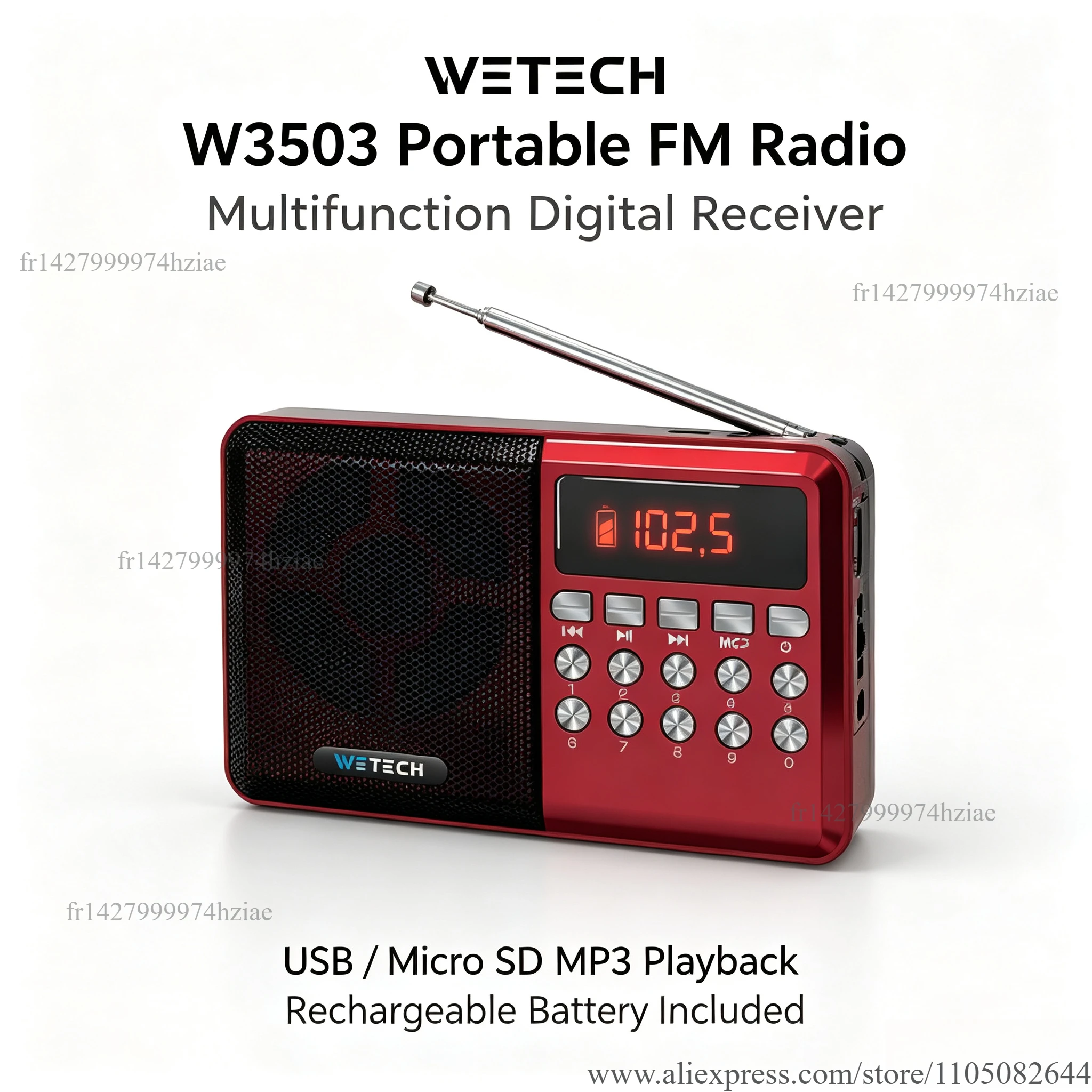 W3503 Radio FM portatile, radio digitale ricaricabile, supporta schede USB e Micro SD, lettore MP3, altoparlante da 3W, antenna telescopica, ideale per anziani, uso domestico e all’aperto.