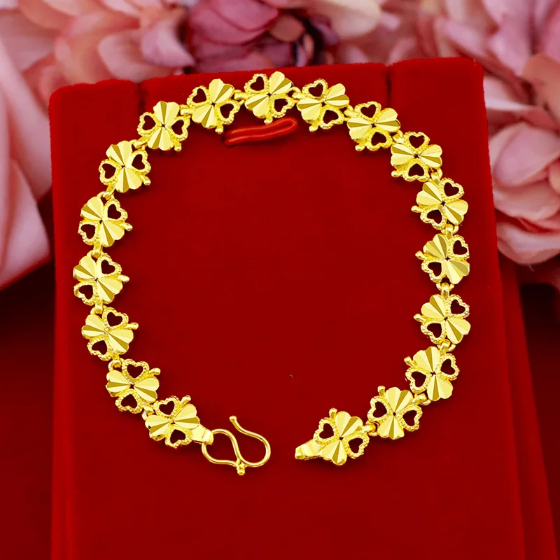 Korean Fashion Girl Bracelet Pure Yellow Copper-Plated Gold Four-Leaf Clover Heart-Shaped Fancy Bracelet Jewelry