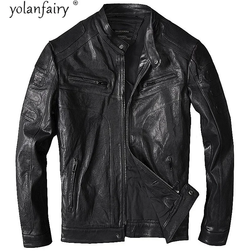 

YOLANFAIRY Men's Sheepskin Coat Spring Autumn Genuine Leather Jacket Men Clothing Vintage Bike Motorcycle Jacket Hommes Veste