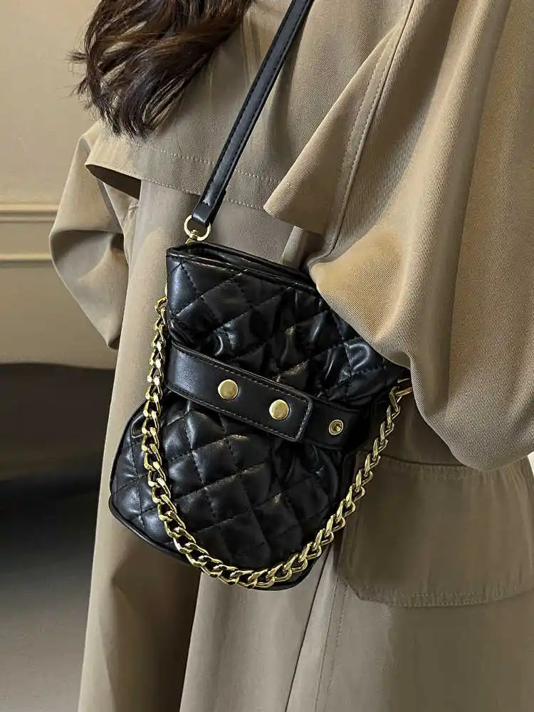 Chic Diamond Check Bucket Bags For Women Autumn New Temperament Commute Chain Shoulder Crossbody Bags Fashion Trend Handbag