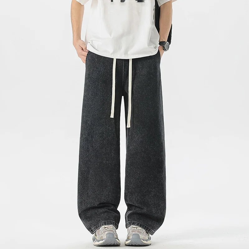 Men's Casual Street Style Loose Wide Leg Jeans Drawstring Pure Color Suitable for Teens All Seasons Regular Length