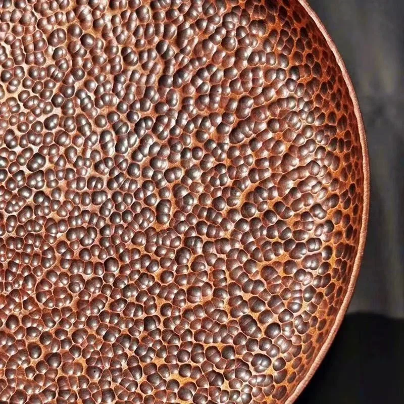 Round Shape Red Copper Cheese Tray,Retro Engraving Hammer Texture Home Portable Food Plate,Snack Fruit Disc Table Decorationk 6